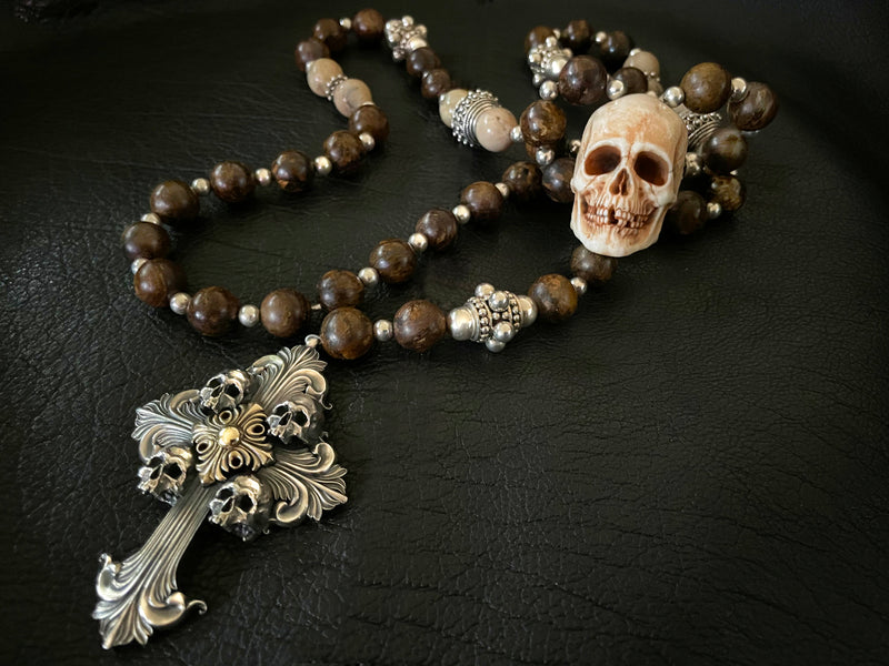 Bronzite Stone Mala Chain Silver Skull Necklace